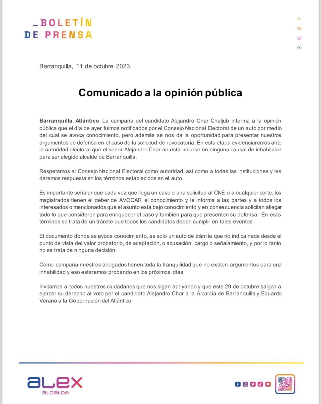 Comunicado campaña de Alejandro Char sobre la decisión.