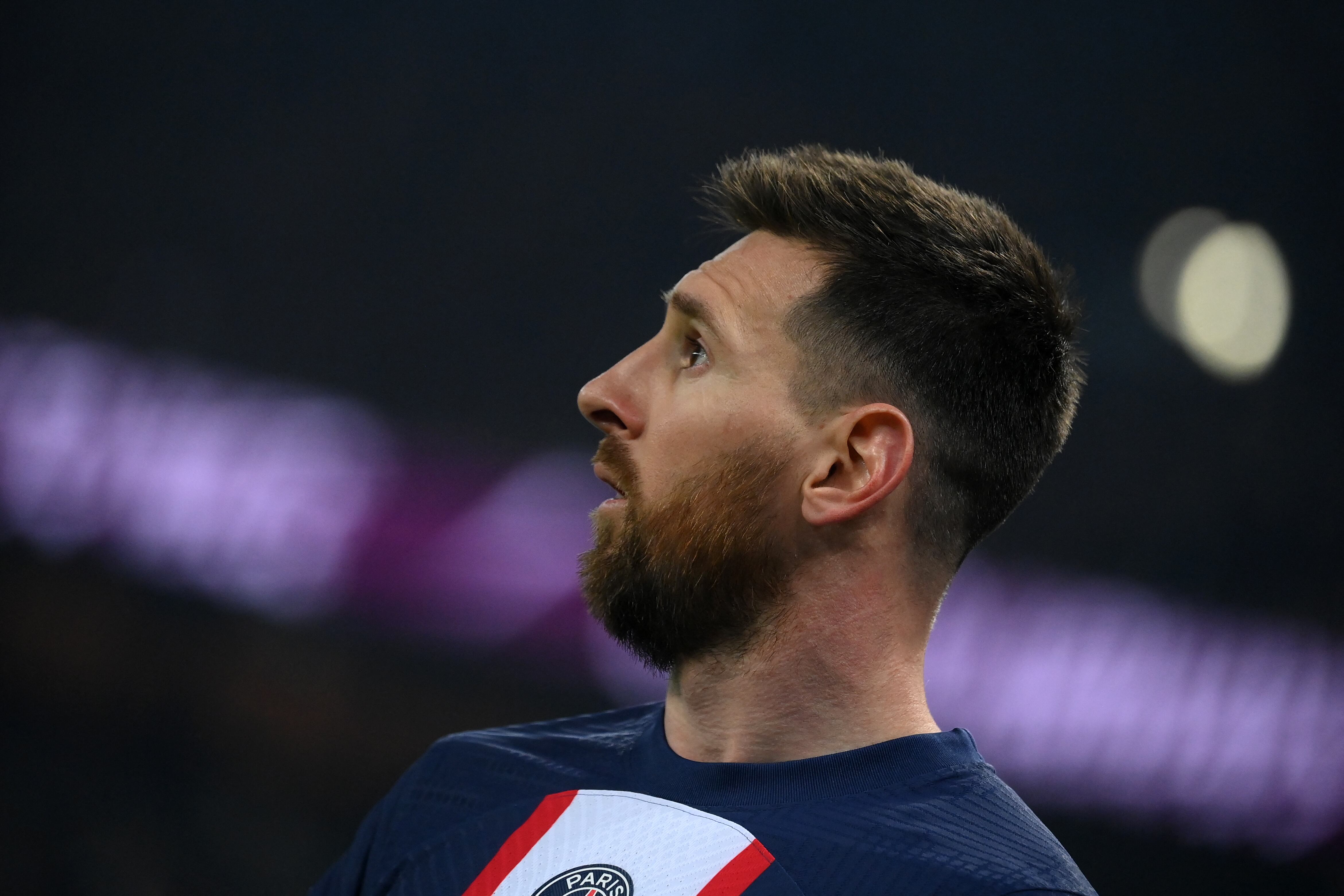 Paris Saint-Germain's Argentine forward Lionel Messi looks on during the French L1 football match between Paris Saint-Germain (PSG) and Olympique Lyonnais (OL) at The Parc des Princes Stadium in Paris on April 2, 2023. (Photo by FRANCK FIFE / AFP)