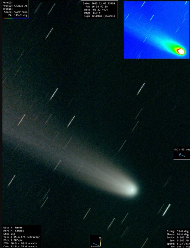 En la fotografía del cometa Lemmon, Loeb indica que se ve con claridad la estela de polvo y gas que apunta en dirección opuesta al Sol.
