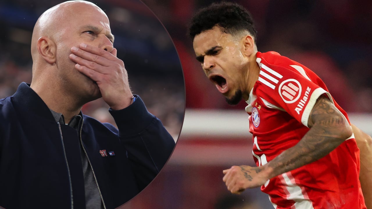 En Inglaterra critican al Liverpool por haber dejado ir a Luis Díaz (der.): Arne Slot (izq.) lo tuvo a su cargo, pero el guajiro ahora brilla en Bayern Múnich.