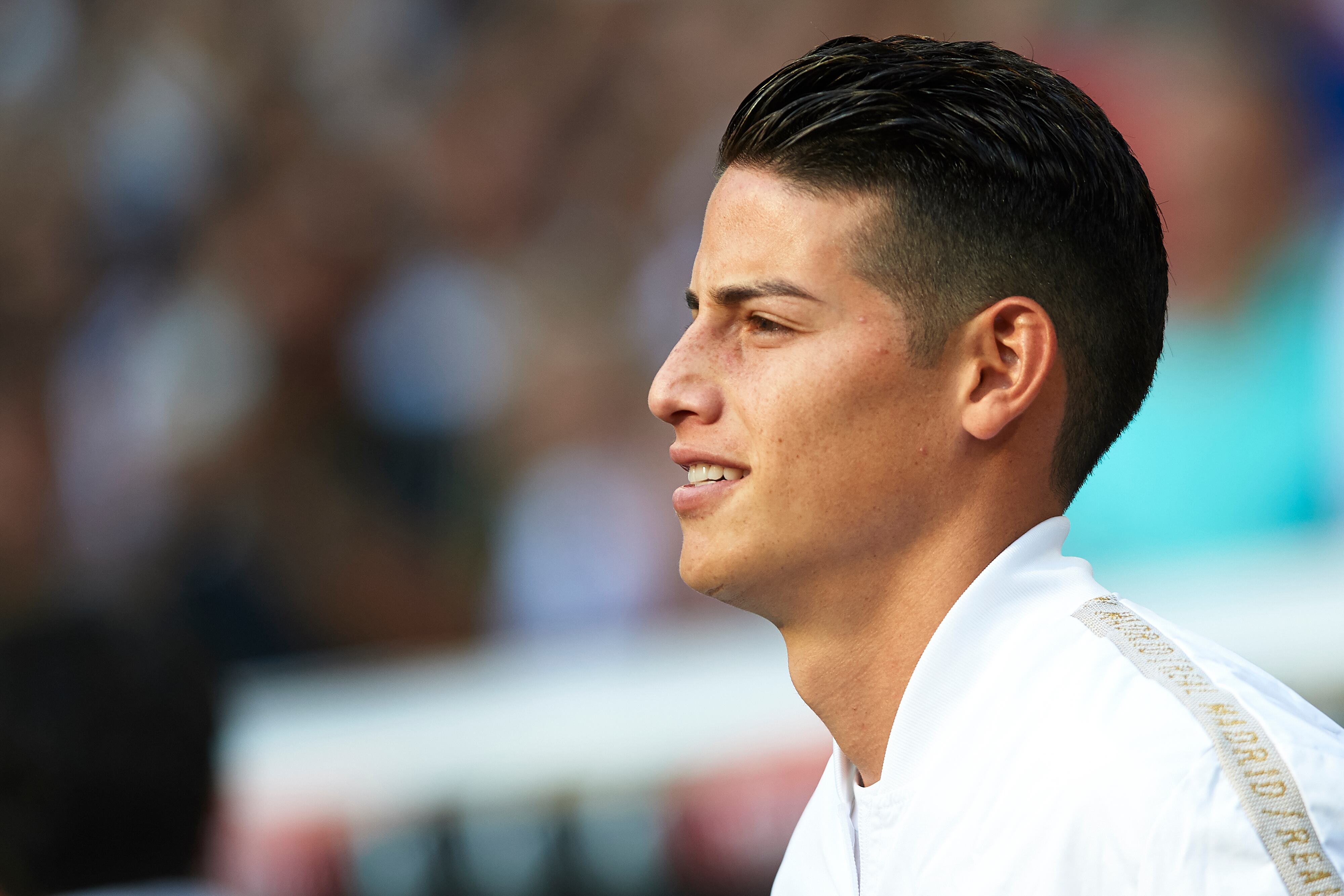 MADRID, SPAIN - AUGUST 24: James Rodriguez of Real Madrid looks on prior to the Liga match between Real Madrid CF and Real Valladolid CF at Estadio Santiago Bernabeu on August 24, 2019 in Madrid, Spain. (Photo by Quality Sport Images/Getty Images)
