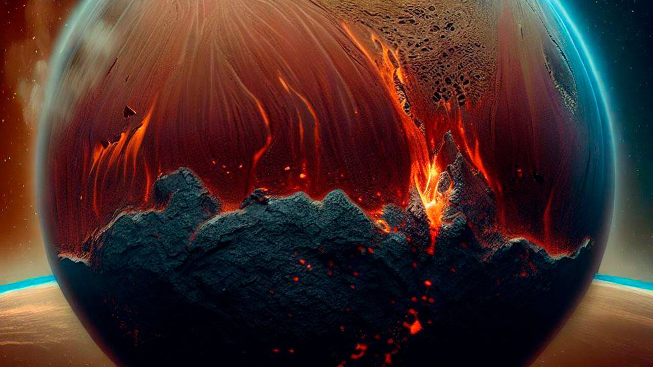 Ilustración de un planeta cuya está superficie llena de volcanes.