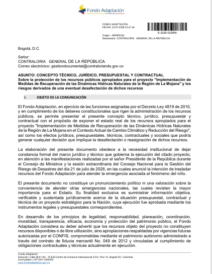 Alerta del Fondo Adaptación a la Contraloría.