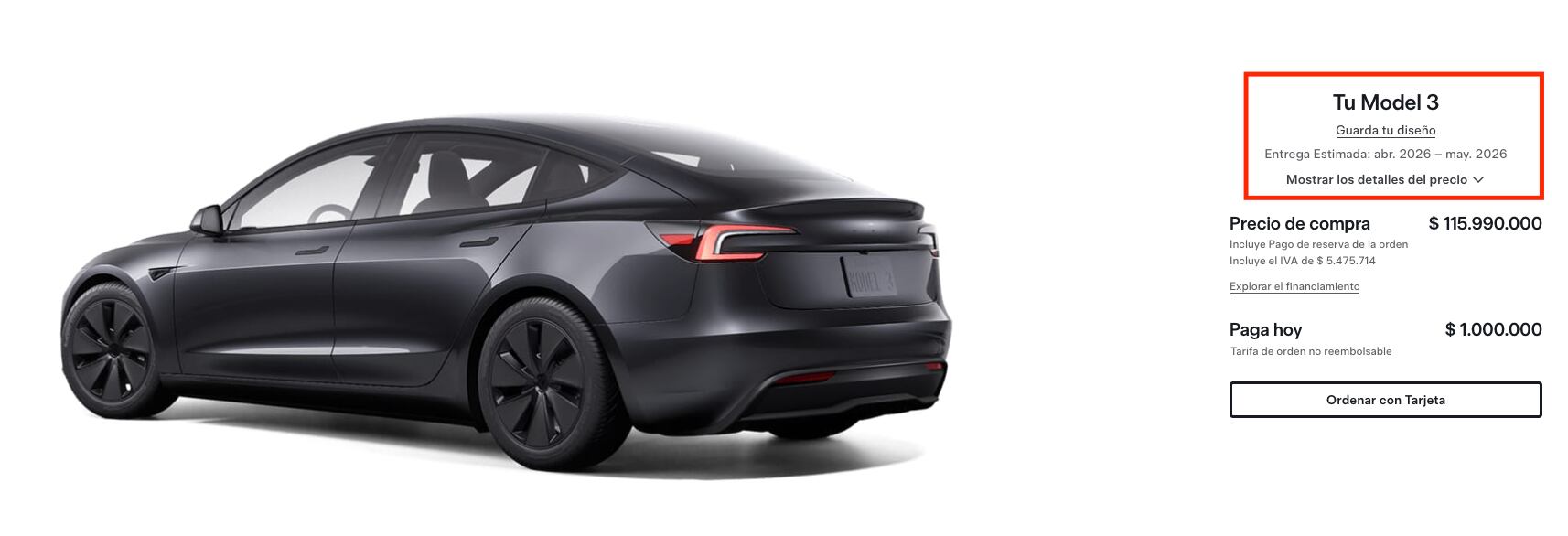 Tesla ha modificado los tiempos de entrega. Según la página, las unidades estarían llegando entre abril y mayo de 2026.