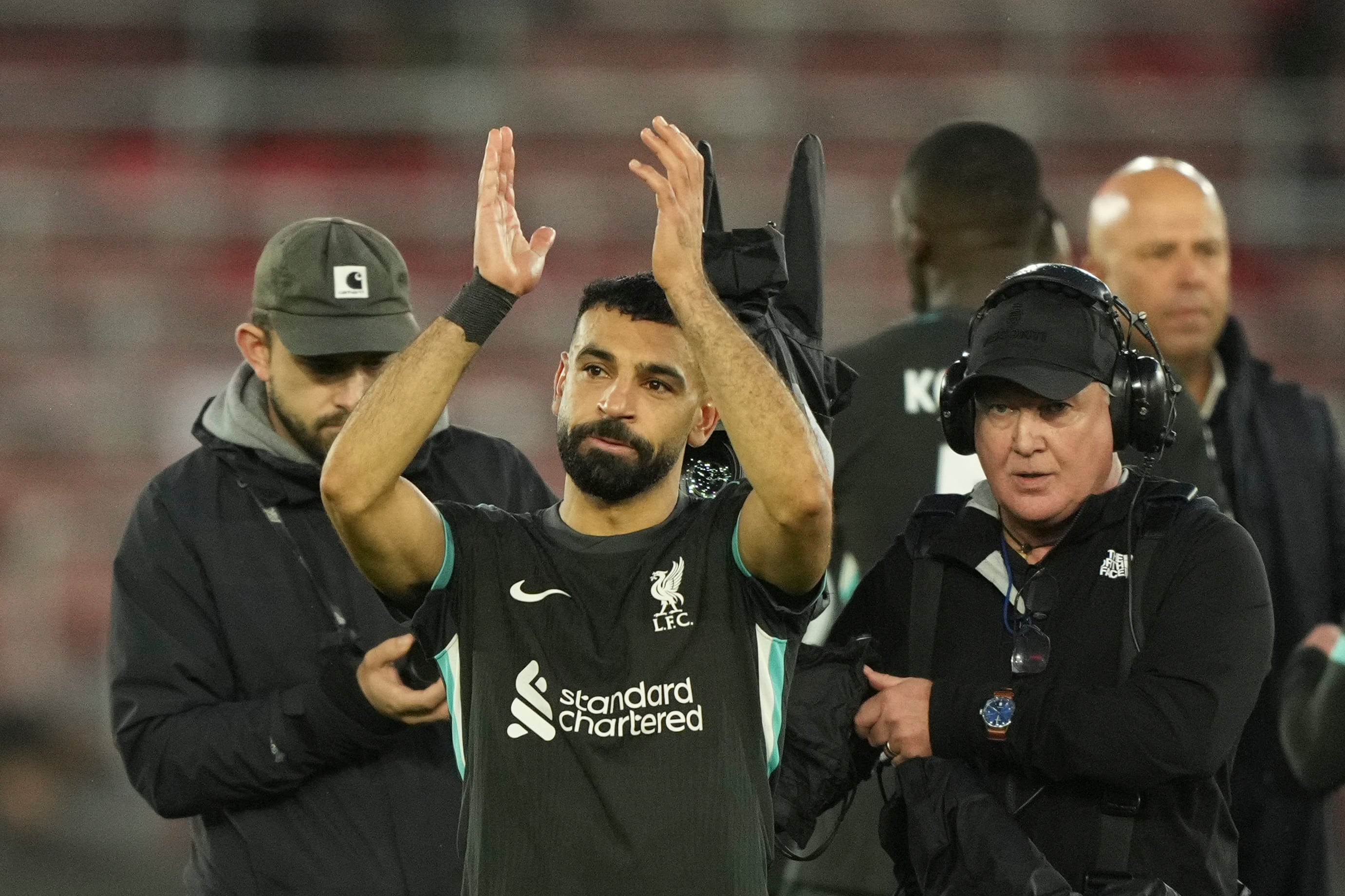 Liverpool's Mohamed Salah leaves the pitch after the English Premier League soccer match between Southampton and Liverpool in Southampton, England, Sunday, Nov. 24, 2024. (AP Photo/Sean Ryan)