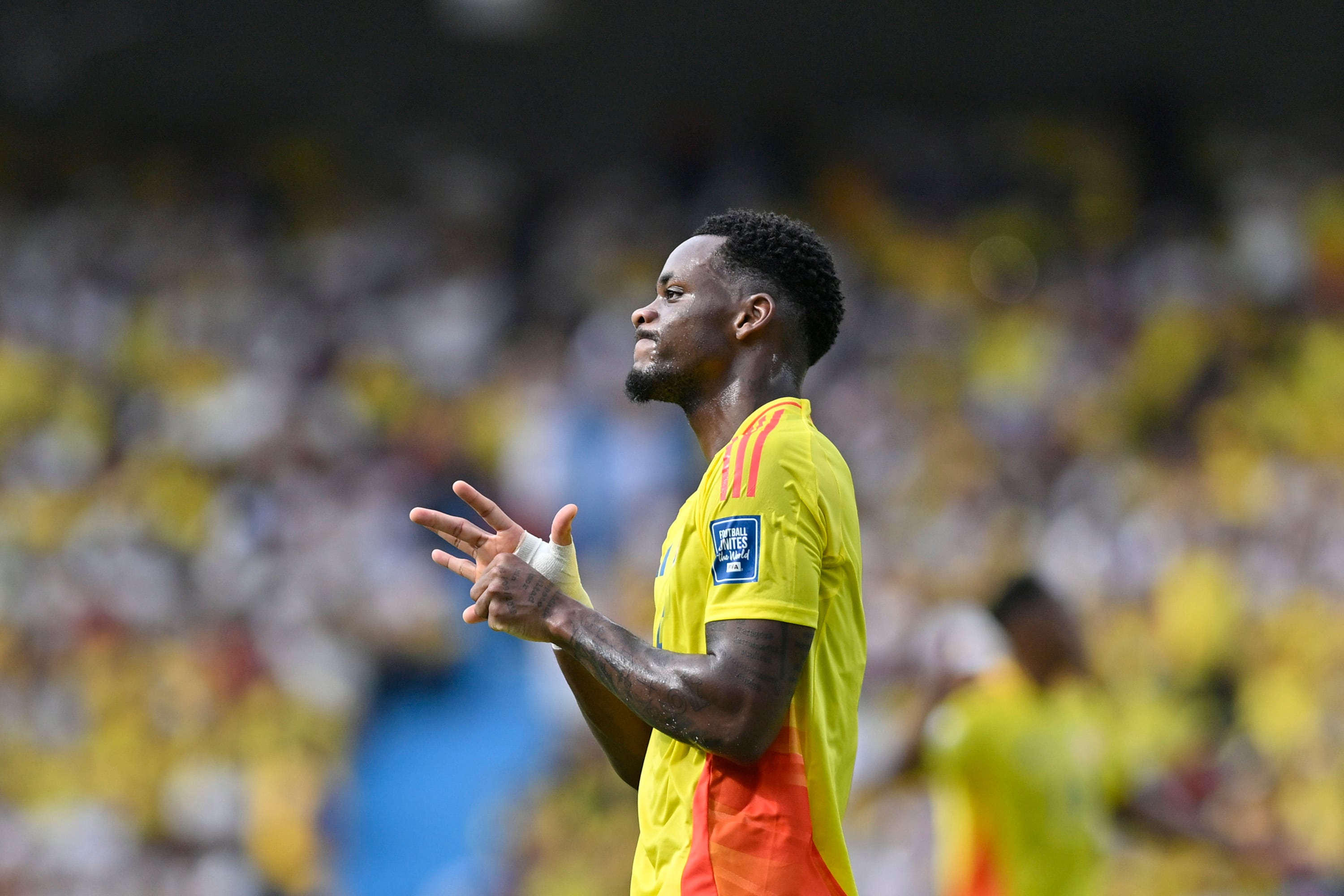 BARRANQUILLA, COLOMBIA - JUNE 06: Jhon Jáder Durán of Colombia reacts during the FIFA World Cup 2026 South American Qualifier match between Colombia and Peru at Roberto Melendez Metropolitan Stadium on June 06, 2025 in Barranquilla, Colombia. (Photo by Gabriel Aponte/Getty Images)