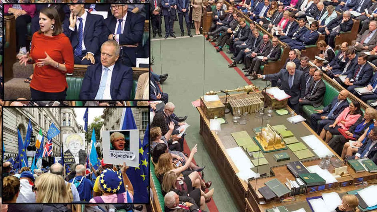 El Parlamento británico parece una sala de teatro por estos días. Gritos, gestos histriónicos y medidas desesperadas tienen en vilo al país. A la izquierda, Philip Lee, quien dejó a Johnson sin la mayoría conservadora. A la derecha, protestas contra el premer ministro en las afueras del Parlamento.