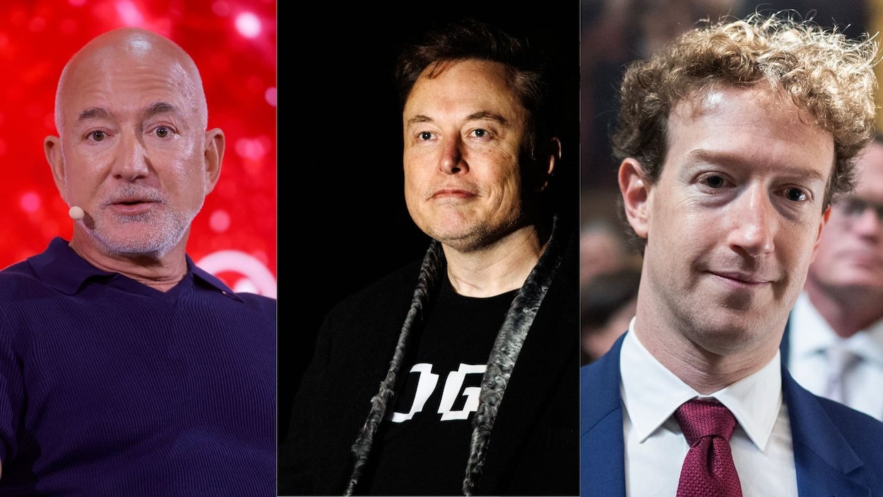 Jeff Bezos, Elon Musk y Mark Zuckerberg.