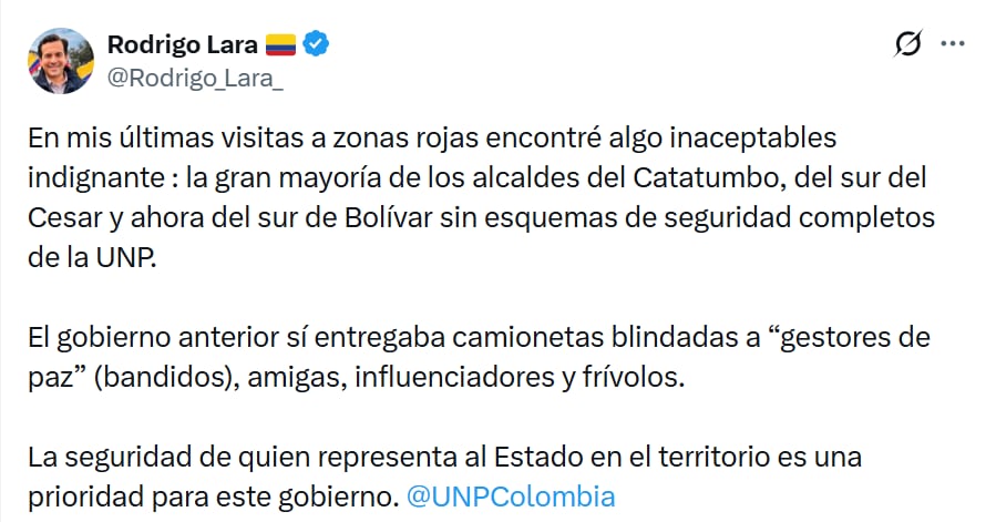 El ministro del Interior, Rodrigo Lara, publicó un mensaje en su cuenta de X sobre la seguridad de los alcaldes en las zonas rojas de Colombia.