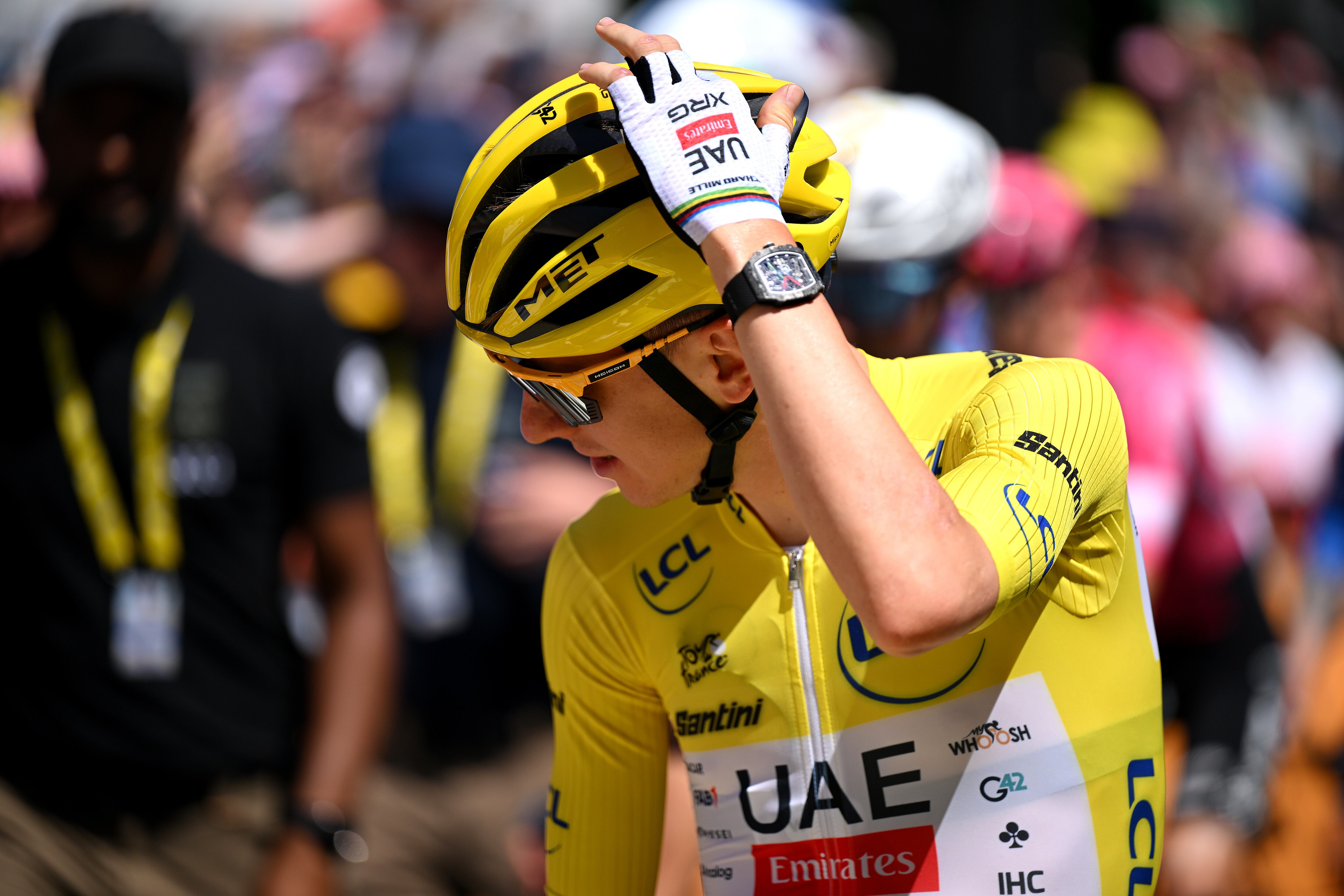 BAYEUX, FRANCE - JULY 10: Tadej Pogacar of Slovenia and UAE Team Emirates - XRG - Yellow leader jersey prior to the 112th Tour de France, Stage 6 a 201.5km stage from Bayeux to Vire Normandie / #UCIWT / on July 10, 2025 in Bayeux, France. (Photo by Dario Belingheri/Getty Images)