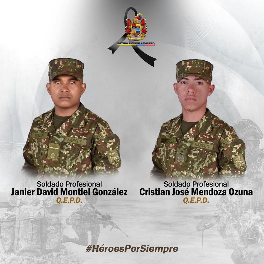 Janier David Montiel González y Cristian José Mendoza Ozuna, militares asesinados en Urrao, Antioquia.