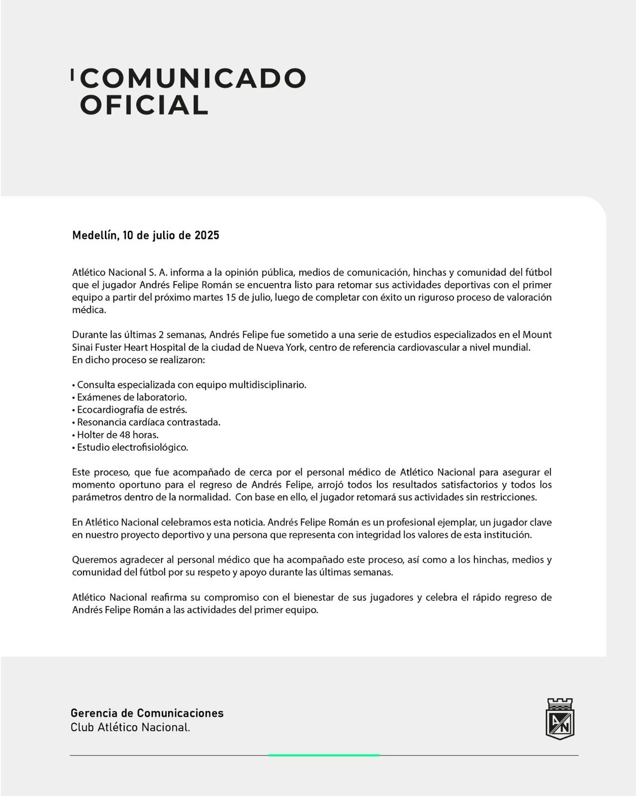 Comunicado oficial de Atlético Nacional sobre la salud de Andrés Felipe Román.