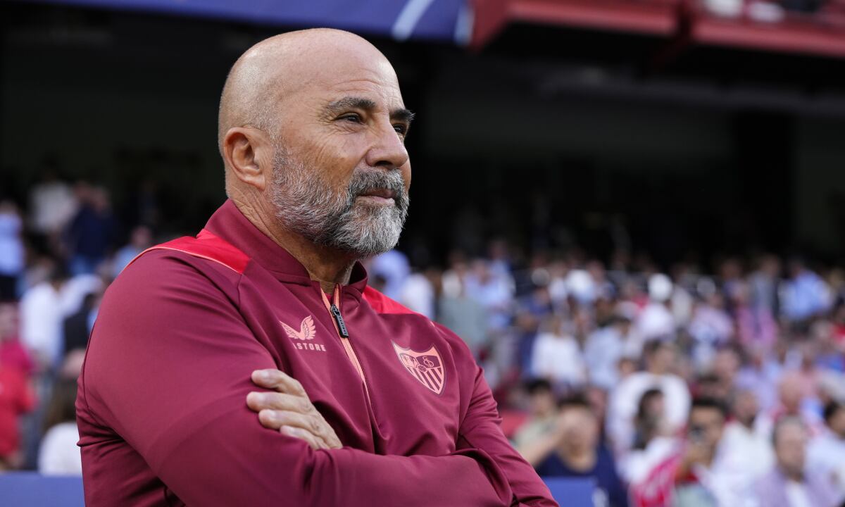Sevilla's head coach Jorge Sampaoli looks on ahead the Champions League soccer match between Sevilla and Copenhagen at the Ramon Sanchez Pizjuan stadium in Seville, Spain, Tuesday, Oct. 25, 2022. (AP/Jose Breton)