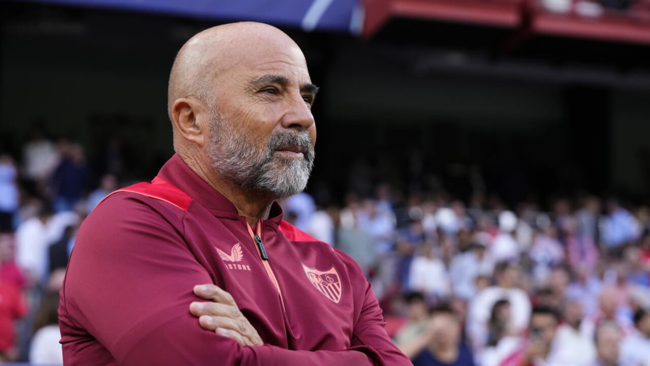 Sevilla's head coach Jorge Sampaoli looks on ahead the Champions League soccer match between Sevilla and Copenhagen at the Ramon Sanchez Pizjuan stadium in Seville, Spain, Tuesday, Oct. 25, 2022. (AP/Jose Breton)