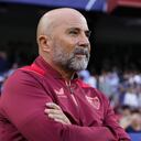 Sevilla's head coach Jorge Sampaoli looks on ahead the Champions League soccer match between Sevilla and Copenhagen at the Ramon Sanchez Pizjuan stadium in Seville, Spain, Tuesday, Oct. 25, 2022. (AP Photo/Jose Breton)