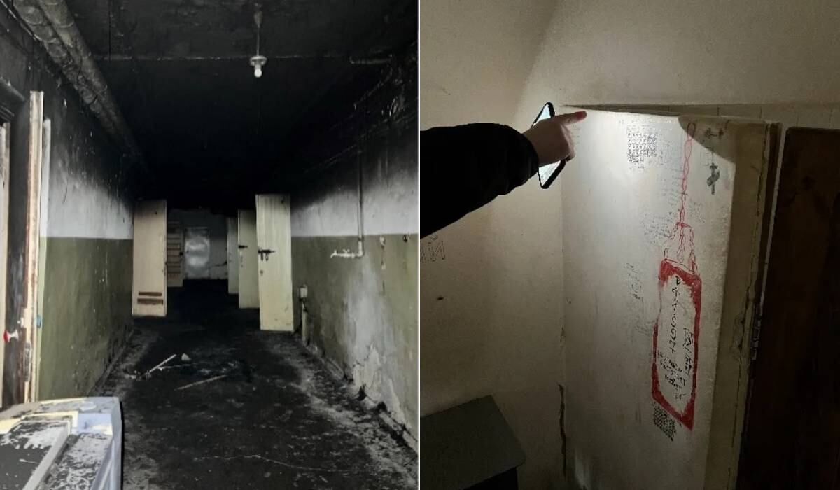 Grafiti inquietante en la pared de una cámara se traduce como "el amanecer llega después del atardecer"