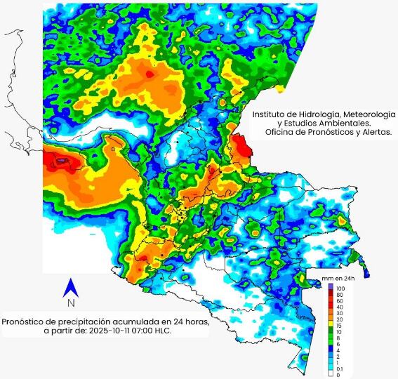La escala de colores indica la cantidad de
precipitación acumulada para el 11 de octubre de 2025