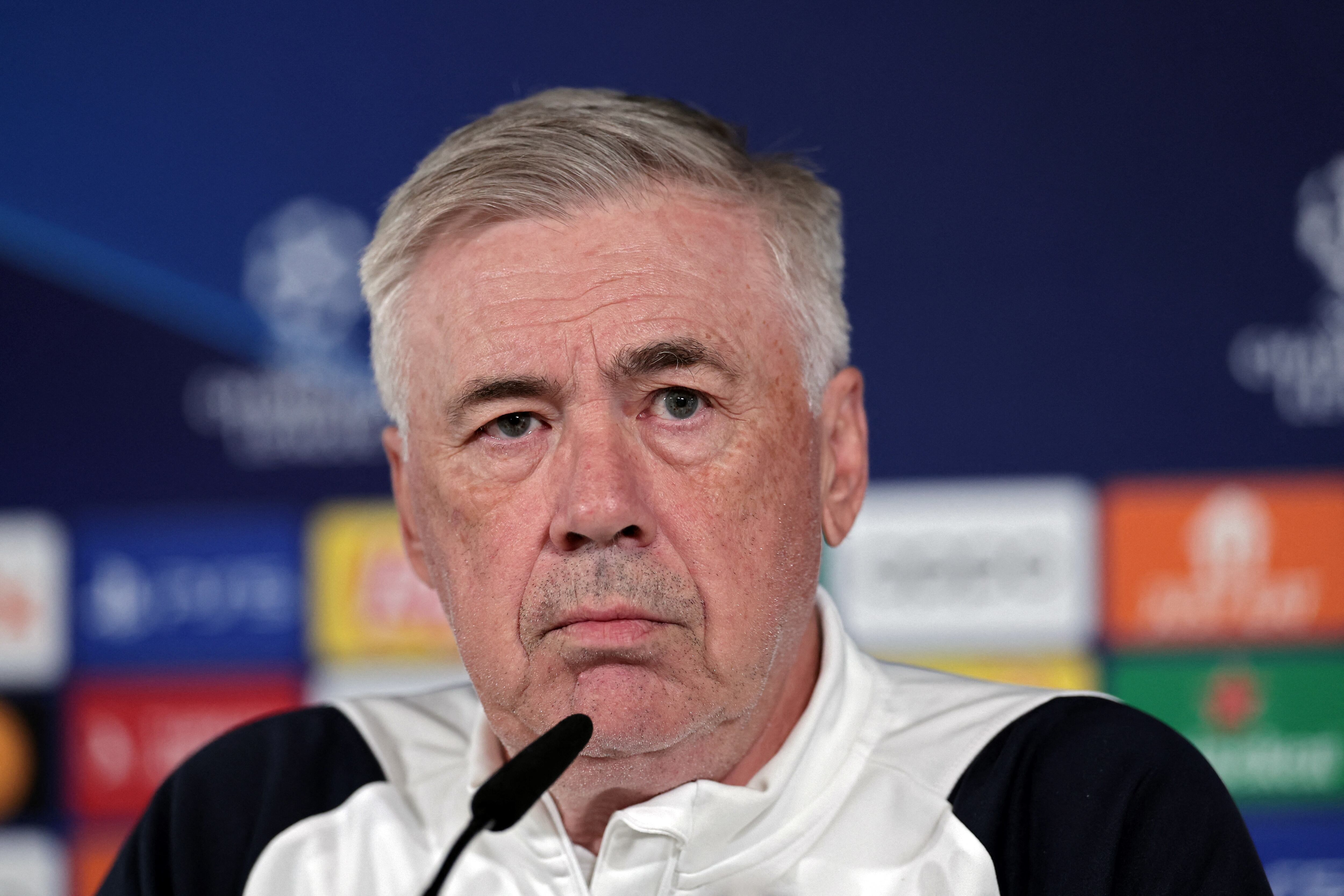 Real Madrid's Italian coach Carlo Ancelotti gives a press conference at the Santiago Bernabeu stadium in Madrid on May 27, 2024 ahead of their Champions League final football match against Borussia Dortmund. (Photo by Thomas COEX / AFP)