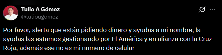 Tulio Gómez pidió desconfiar de solicitudes que no provengan de los canales oficiales.