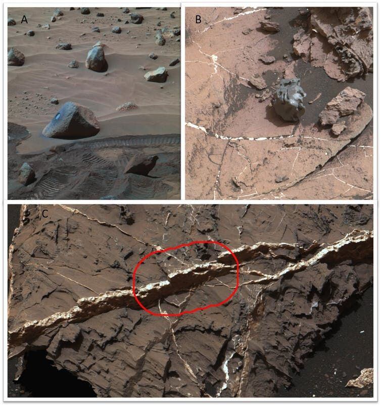 Rocas de fosfato (A), meteoritos de hierro (B) y vetas con sulfatos (C) encontrados en Marte por el rover Curiosity. Todos juntos son ingredientes para el origen de la vida. NASA/JPL-Caltech/LANL/CNES/IRAP/LPGNantes/CNRS/IAS/MSSS