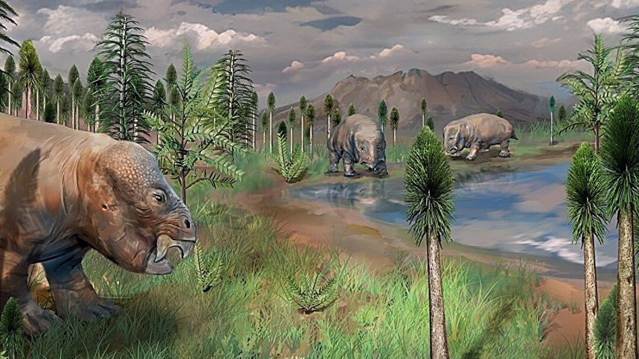 Reconstrucción artística del paisaje ecológico terrestre antes del final de la extinción masiva del Pérmico basada en palinomorfos fósiles, plantas y tetrápodos recuperados, así como datos sedimentológicos de la Sección Sur de Taodonggou.