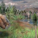 Reconstrucción artística del paisaje ecológico terrestre antes del final de la extinción masiva del Pérmico basada en palinomorfos fósiles, plantas y tetrápodos recuperados, así como datos sedimentológicos de la Sección Sur de Taodonggou.