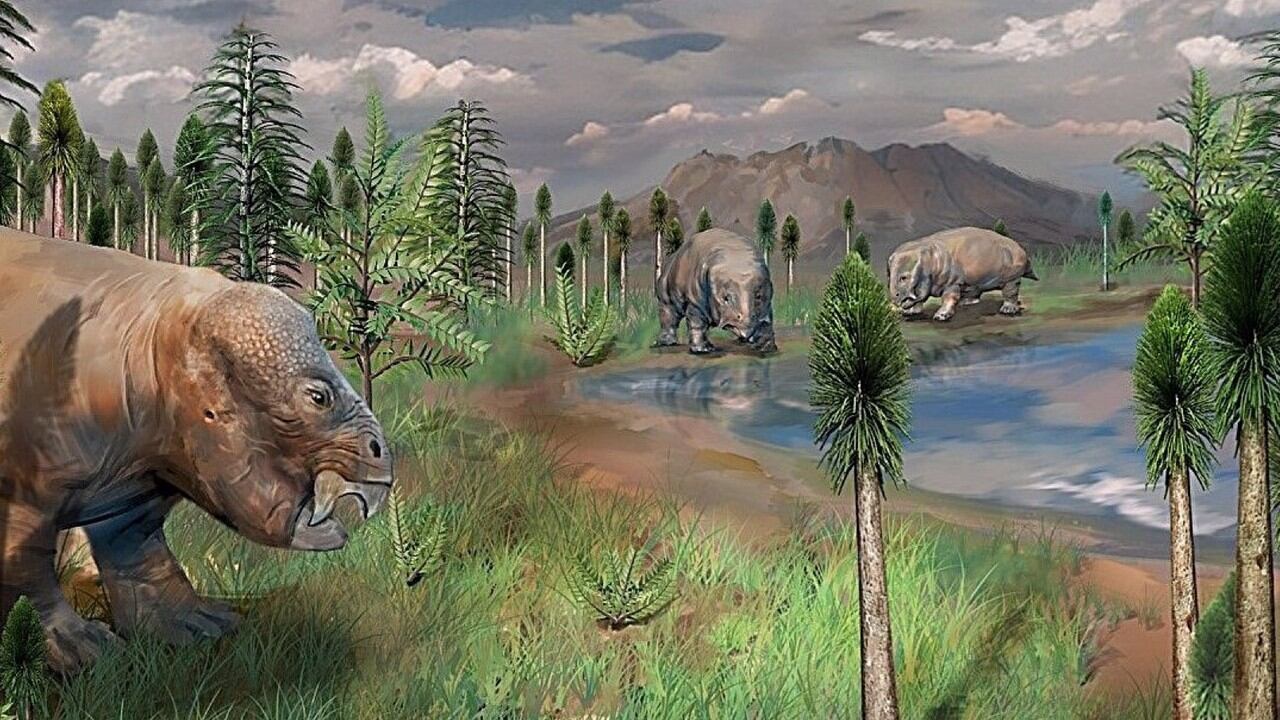 Reconstrucción artística del paisaje ecológico terrestre antes del final de la extinción masiva del Pérmico basada en palinomorfos fósiles, plantas y tetrápodos recuperados, así como datos sedimentológicos de la Sección Sur de Taodonggou.