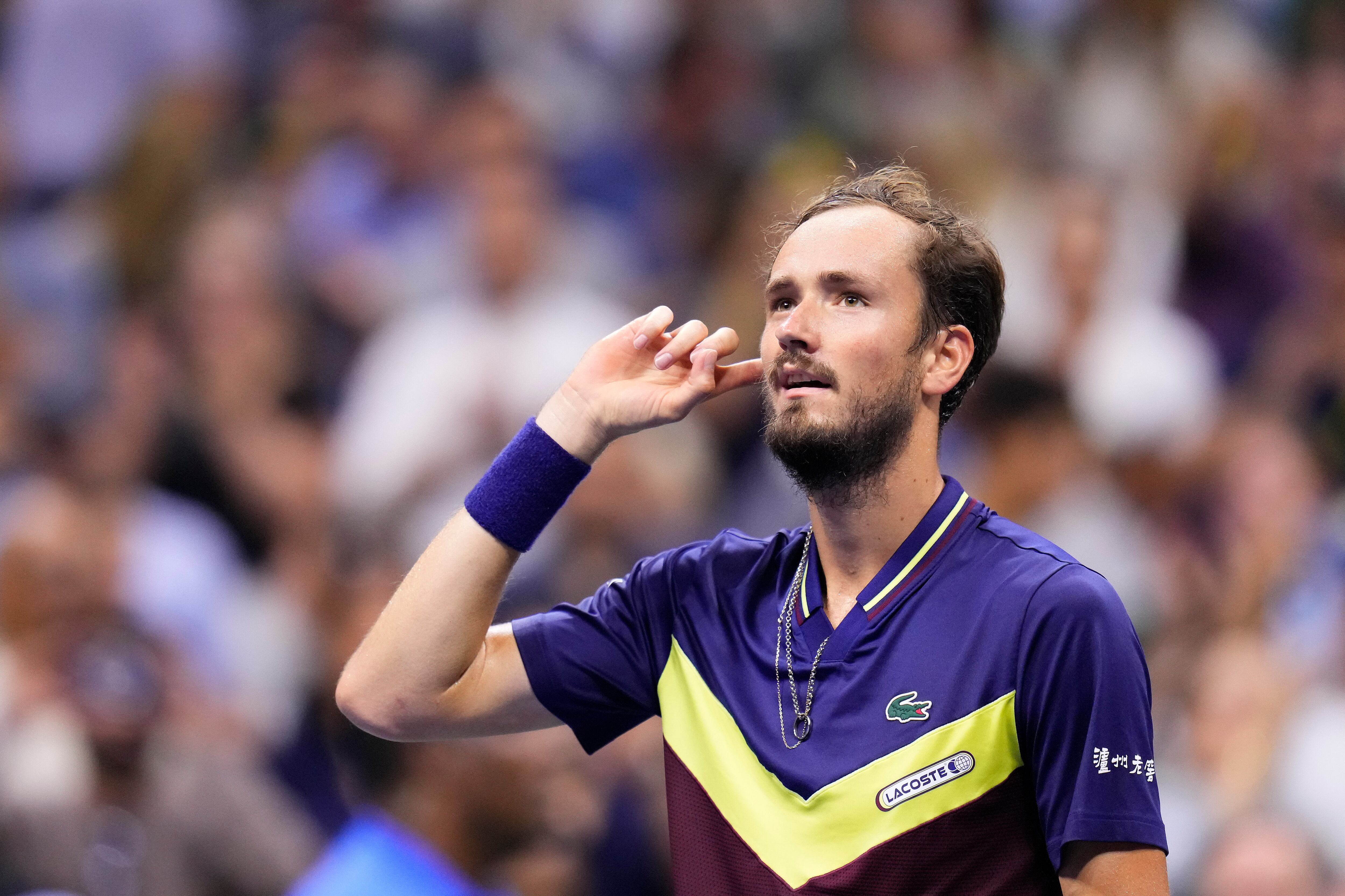 Daniil Medvedev, of Russia, reacts to the crowd after defeating Carlos Alcaraz, of Spain, during the men's singles semifinals of the U.S. Open tennis championships, Friday, Sept. 8, 2023, in New York. (AP Photo/Manu Fernandez)