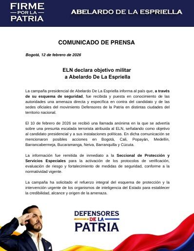 Campaña de Abelardo De La Espriella denuncia amenaza atribuida al ELN