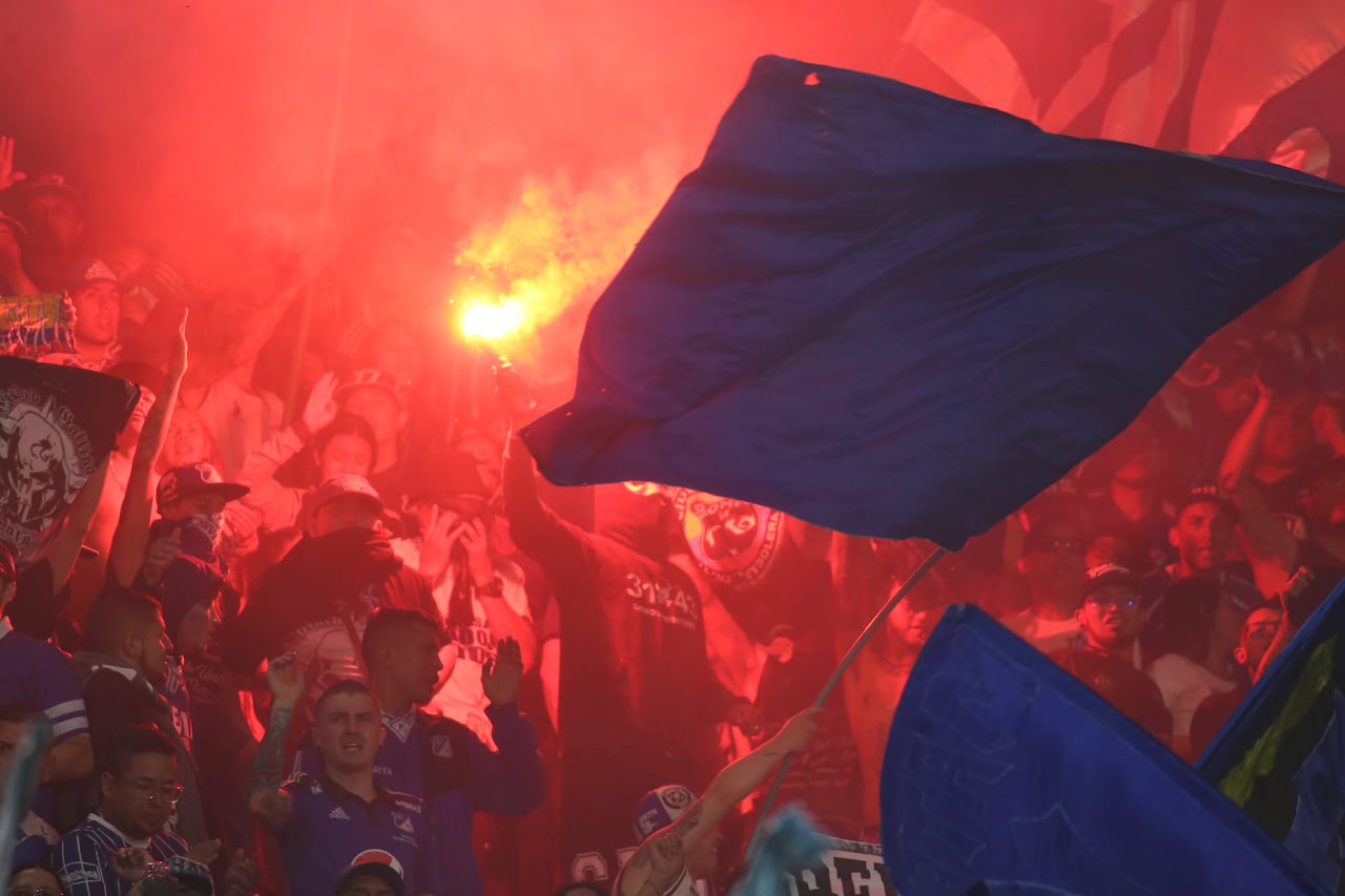 Millonarios F. C. fans during the second leg of the final of the Liga BetPlay DIMAYOR I 2023 played at the Nemesio Camacho El Campin stadium in the city of Bogota. (Photo by Daniel Garzon Herazo/NurPhoto via Getty Images)
