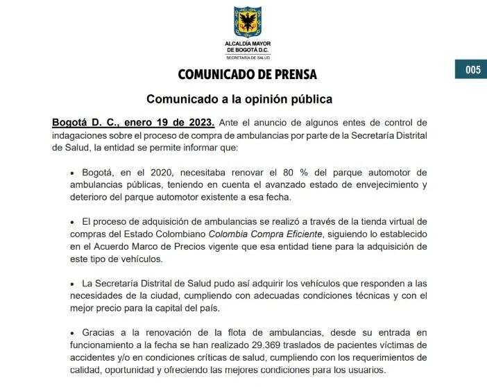 Comunicado de prensa de la Secretaria Distrital de Salud.