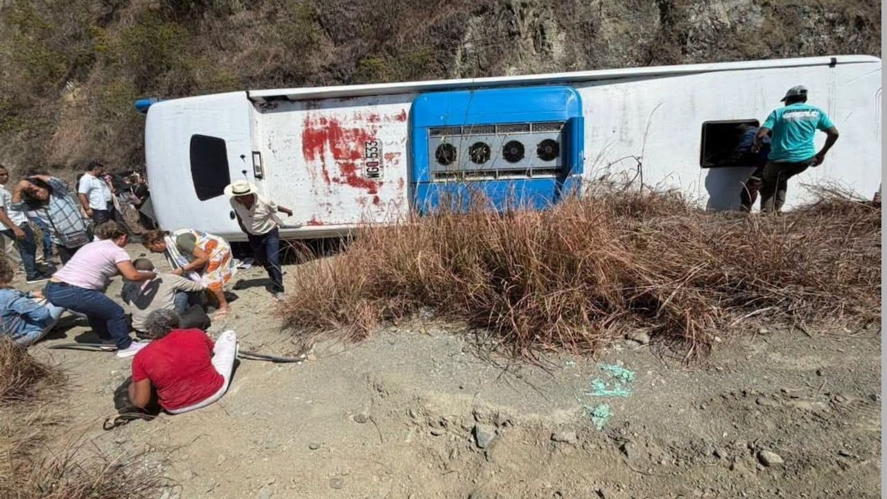 Bus de servicio público quedó accidentado tras caer al vacío en la vía Medellín-Urabá.