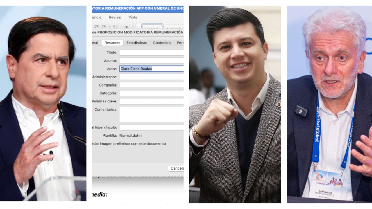 Juan Fernando Cristo, metadata de la proposición de la reforma pensional, el senador Gustavo Moreno y el presidente de Asofondos, Santiago Montenegro.