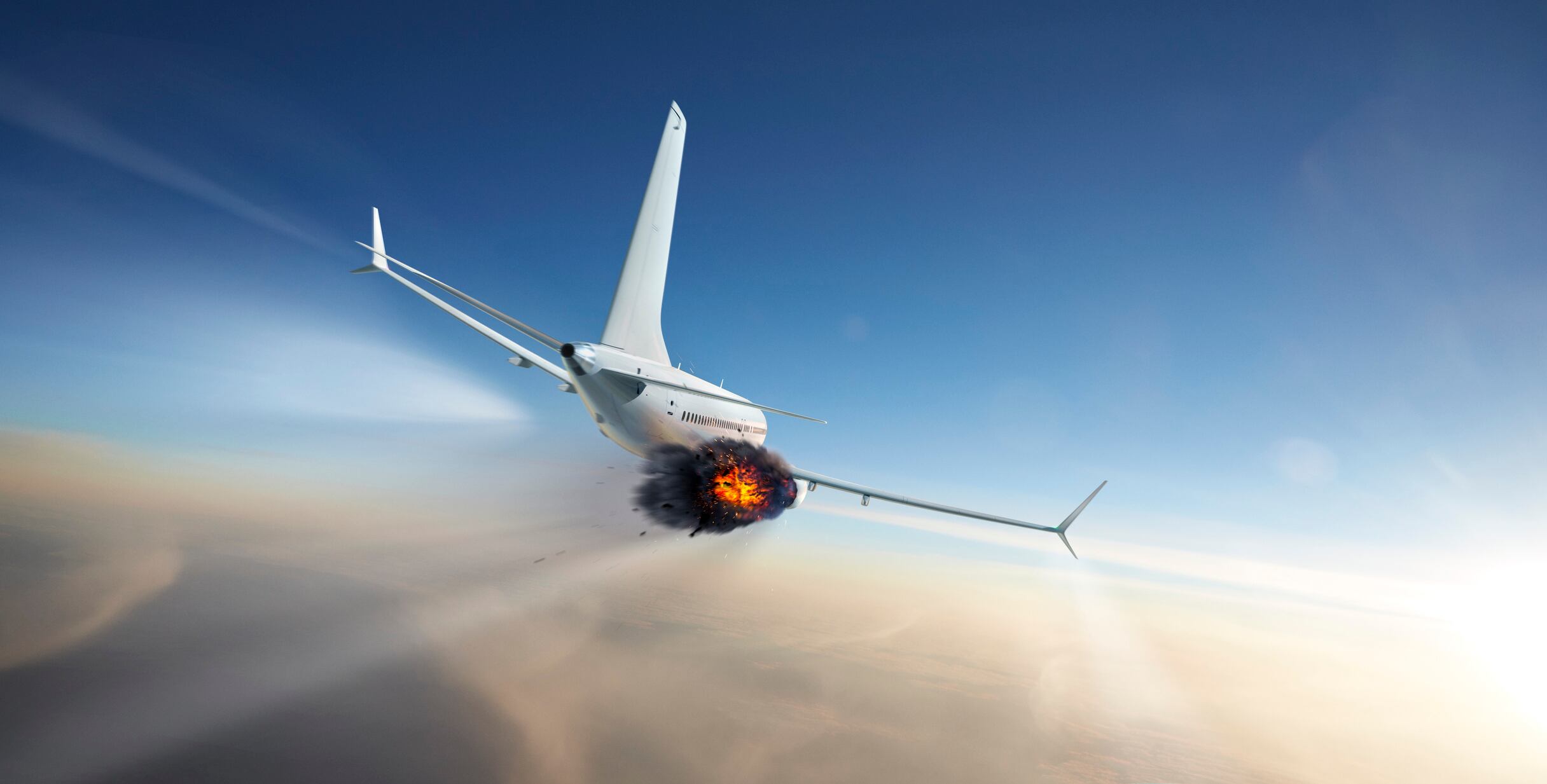 Ilustración de un motor de avión incendiado en medio del vuelo.