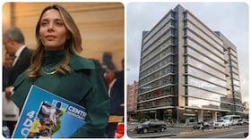 La senadora María Clara Posada y la sede principal de la JEP en Bogotá.