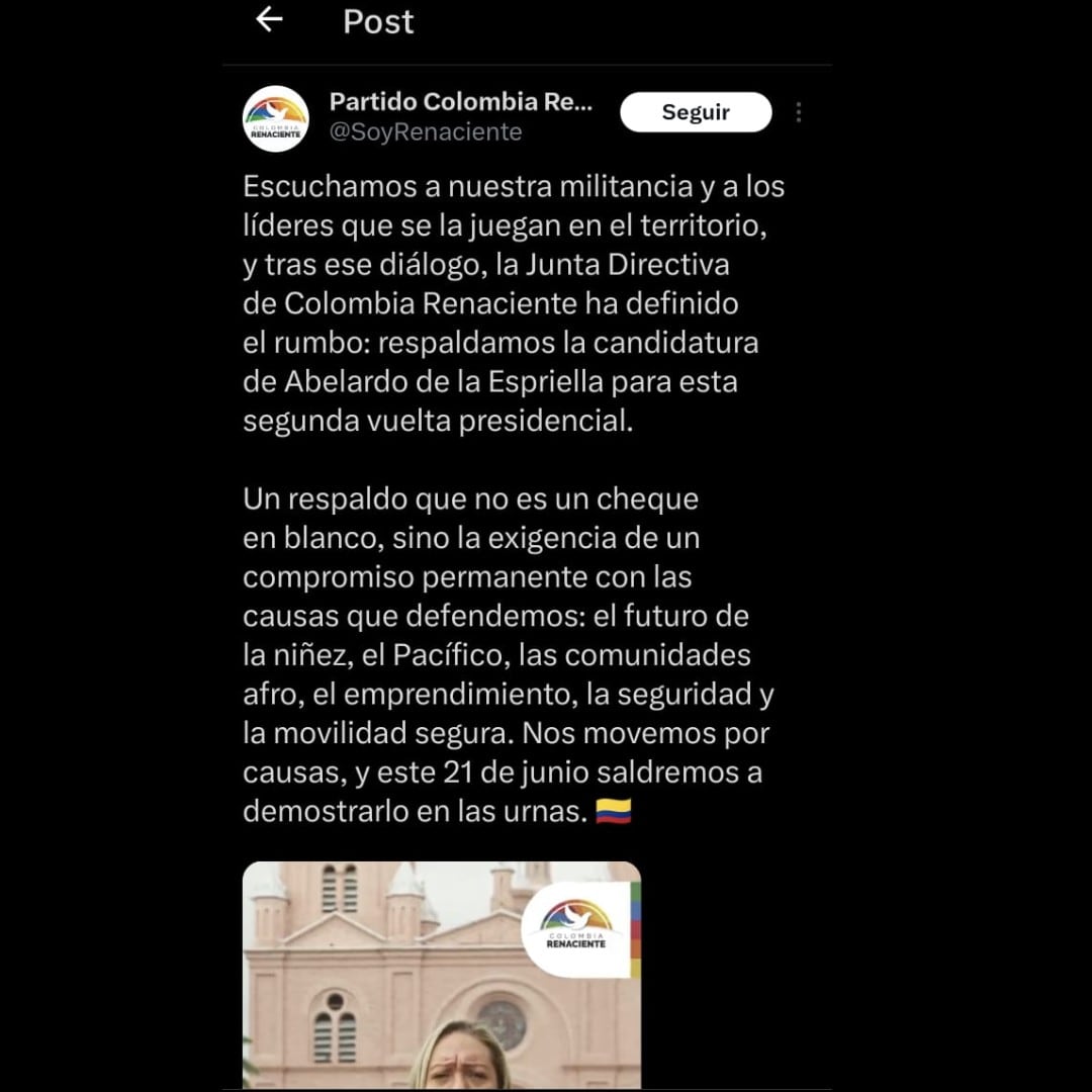 La publicación fue hecha por el partido Renaciente de Jhon Arley Murillo, pero minutos después fue eliminada.