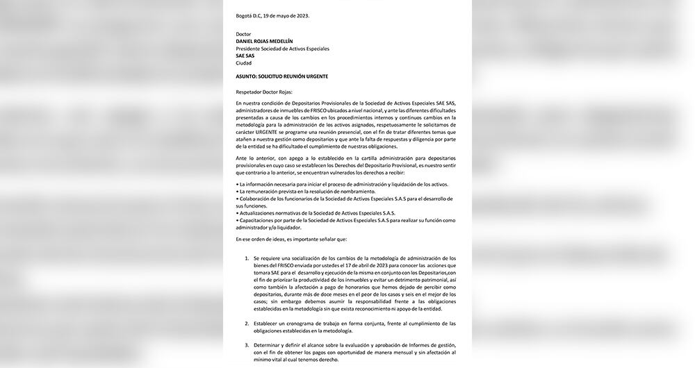   Desesperados, los depositarios de la SAE radicaron un derecho de petición con el que piden una reunión con Daniel Rojas.