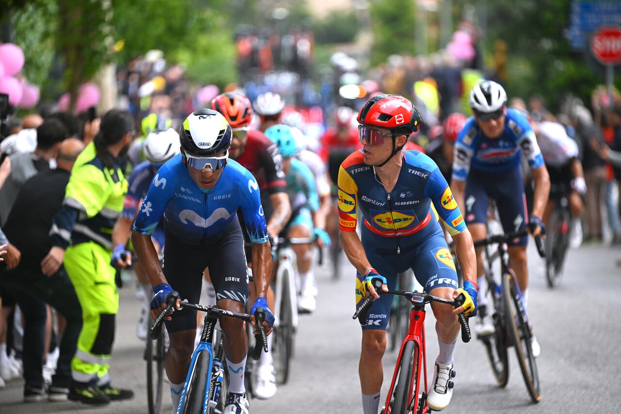 FANO, ITALY - MAY 16: (L-R) Nairo Quintana of Colombia and Movistar Team and Juan Pedro Lopez of Spain and Team Lidl - Trek compete during the 107th Giro d'Italia 2024, Stage 12 a 193km stage from Martinsicuro to Fano  / #UCIWT / on May 16, 2024 in Fano, Italy. (Photo by Tim de Waele/Getty Images)