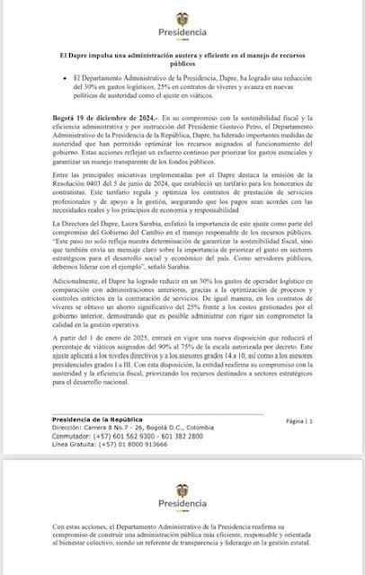 Comunicado austeridad Casa de Nariño