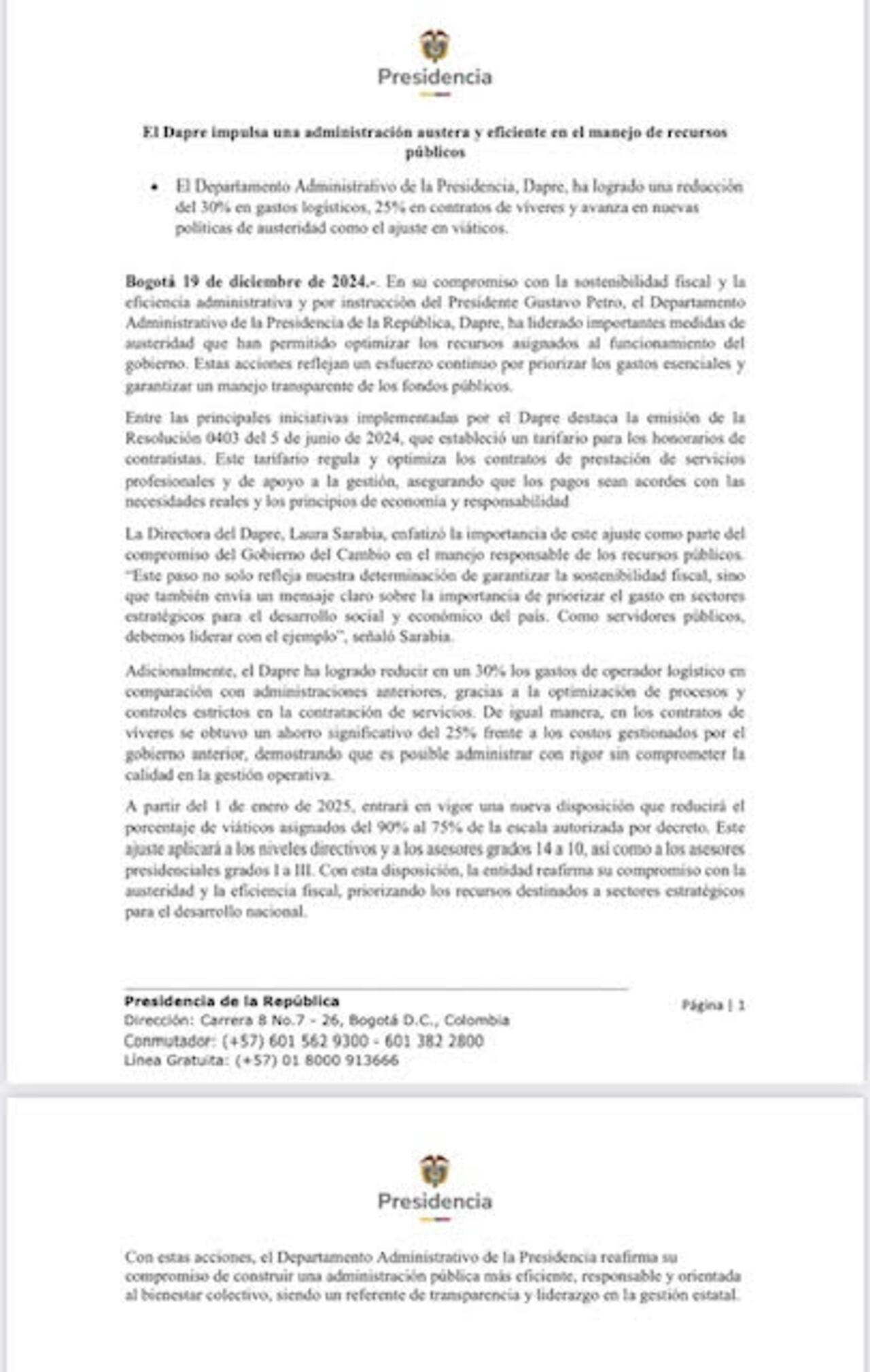 Comunicado austeridad Casa de Nariño