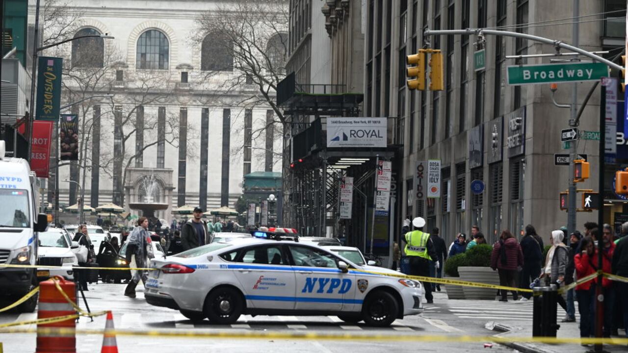 MANHATTAN, NEW YORK, UNITED STATES - MARCH 16: A view from the scene, where a man was set on fire in the heart of Times Square in Midtown Manhattan, New York, United States March 16, 2025. The NYPD is searching for a suspect who set a man on fire in Midtown. Police received a 911 call about a person on fire at 41st Street and 7th Avenue. When police arrived at the scene, a 49-year-old man told them that a male suspect had approached him, thrown a liquid on him and started a fire. The victim suffered burns to his face and arms. (Photo by Kyle Mazza/Anadolu via Getty Images)