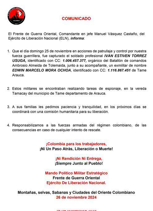 ELN secuestró a un militar activo y otro retirado.