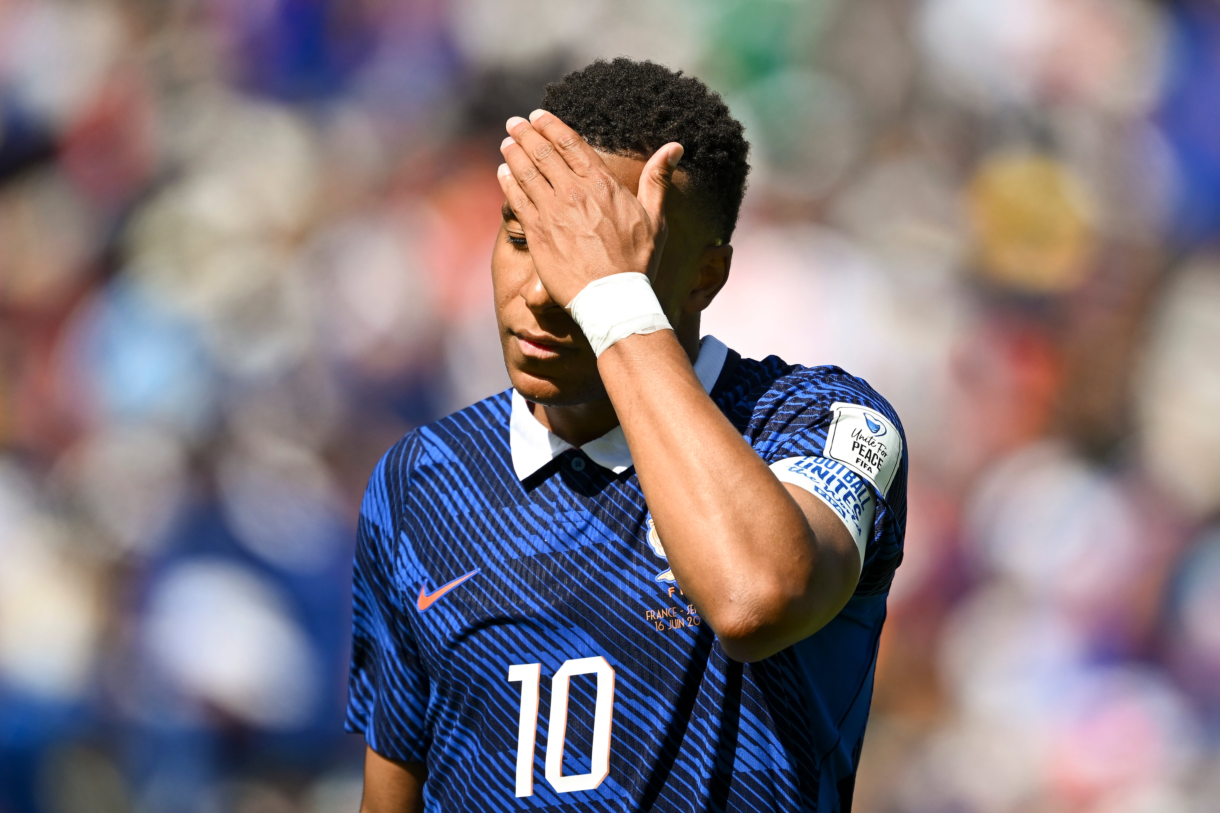 EAST RUTHERFORD, NEW JERSEY - JUNE 16: Kylian Mbappe #10 of France reacts during the FIFA World Cup 2026 Group I match between France and Senegal at New York New Jersey Stadium on June 16, 2026 in East Rutherford, New Jersey. (Photo by Hannah Peters - FIFA/FIFA via Getty Images)