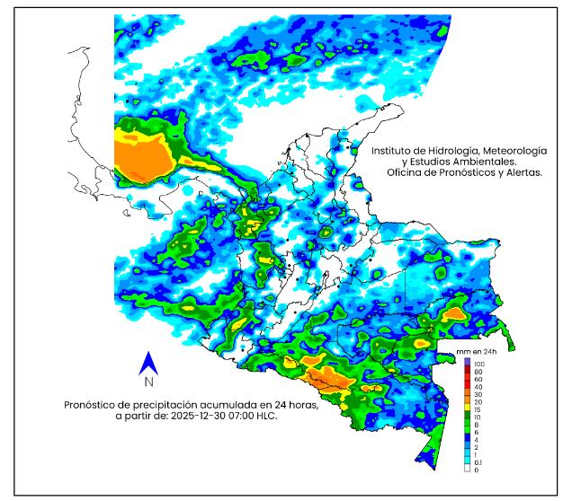 La escala de colores indica la cantidad de
precipitación acumulada para el 30 de diciembre de 2025