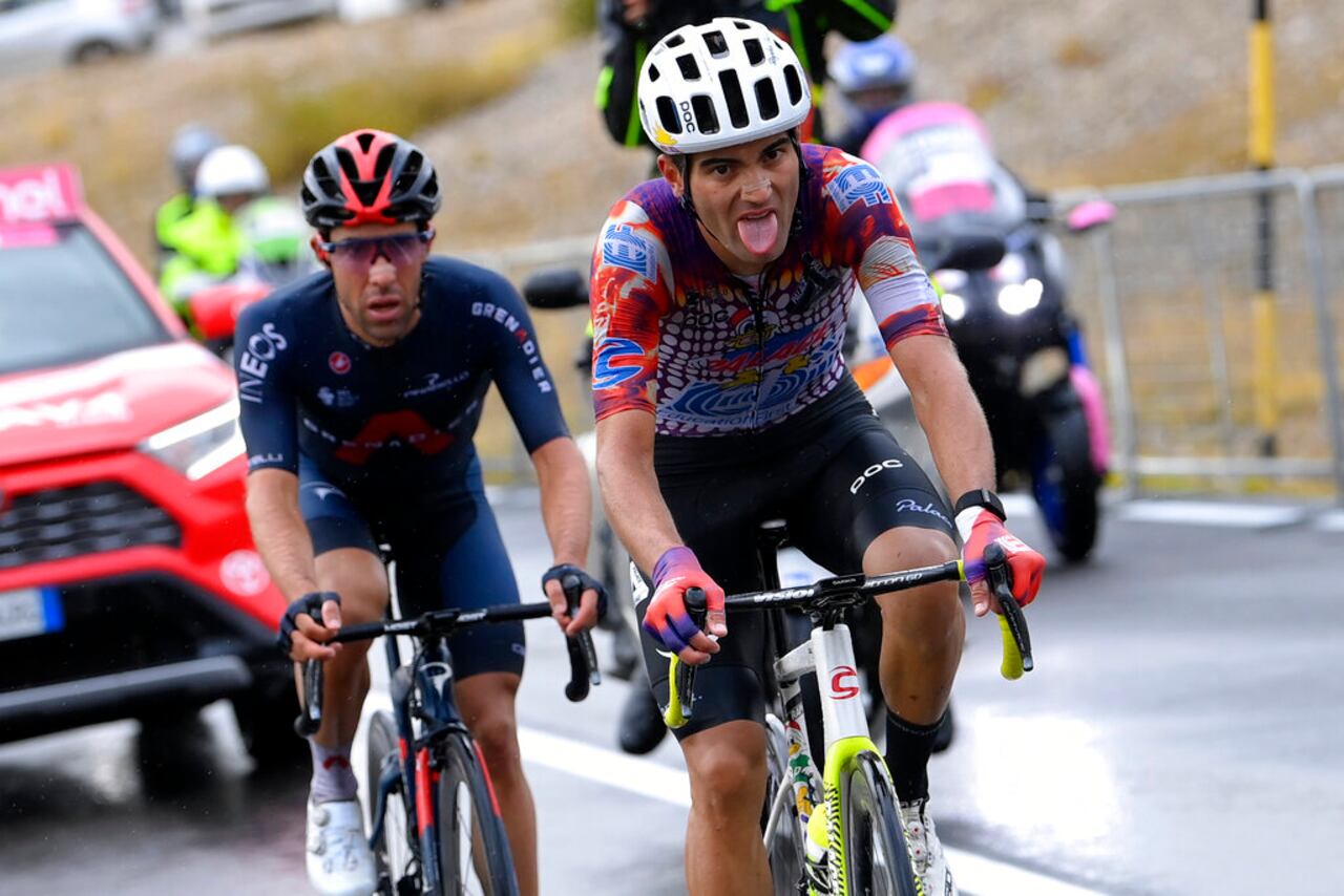 Ruben Guerreiro pedals on his way to win the ninth stage of the Giro d'Italia cycling race from San Salvo to Roccaraso, Italy, Sunday, Oct. 11, 2020. (Fabio Ferrari/LaPresse via AP)