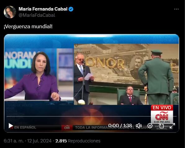 Publicación de María Fernanda Cabal en su cuenta oficial de X.