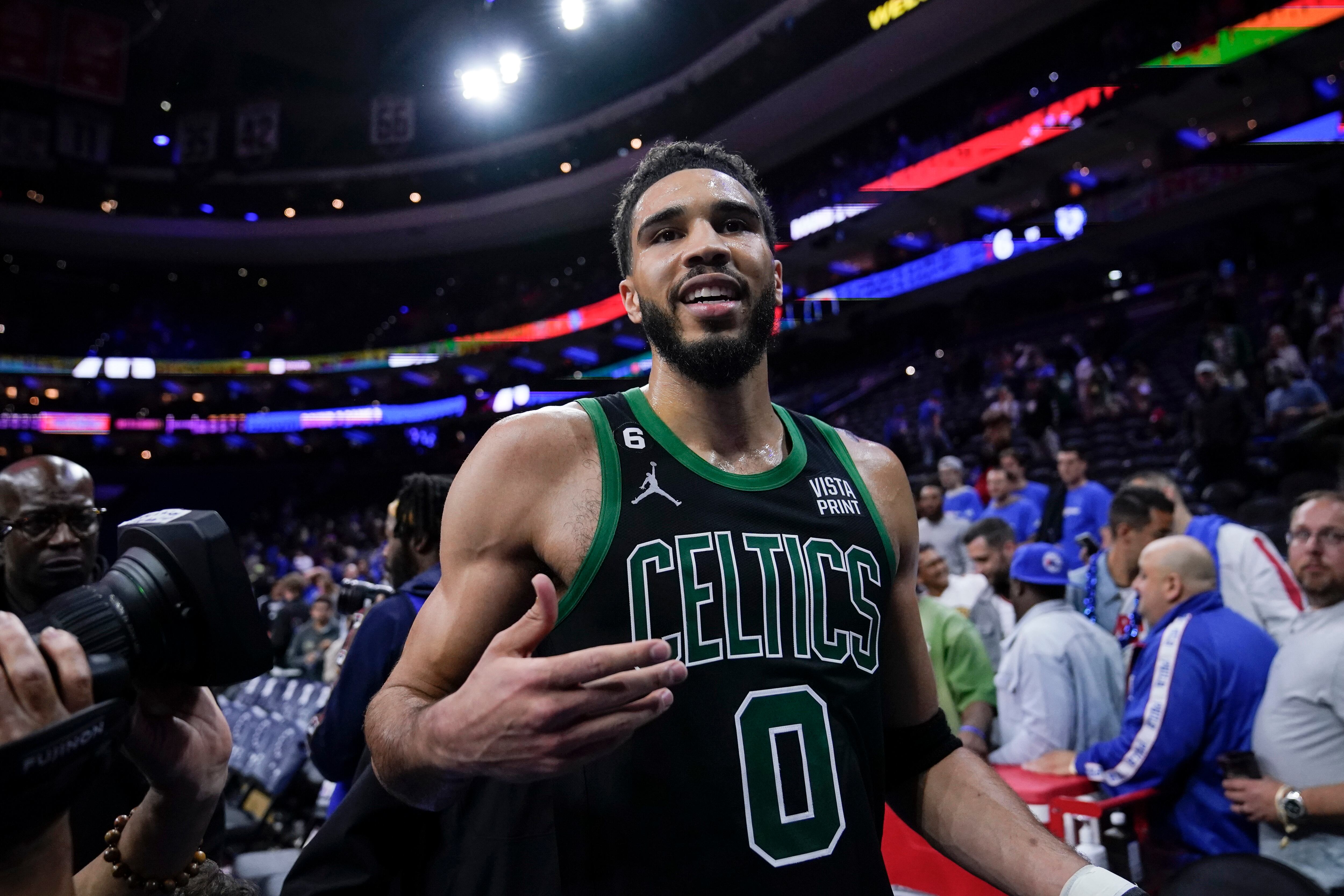 Boston Celtics' Jayson Tatum reacts after Game 3 in an NBA basketball Eastern Conference semifinals playoff series against the Philadelphia 76ers, Friday, May 5, 2023, in Philadelphia. (AP Photo/Matt Slocum)