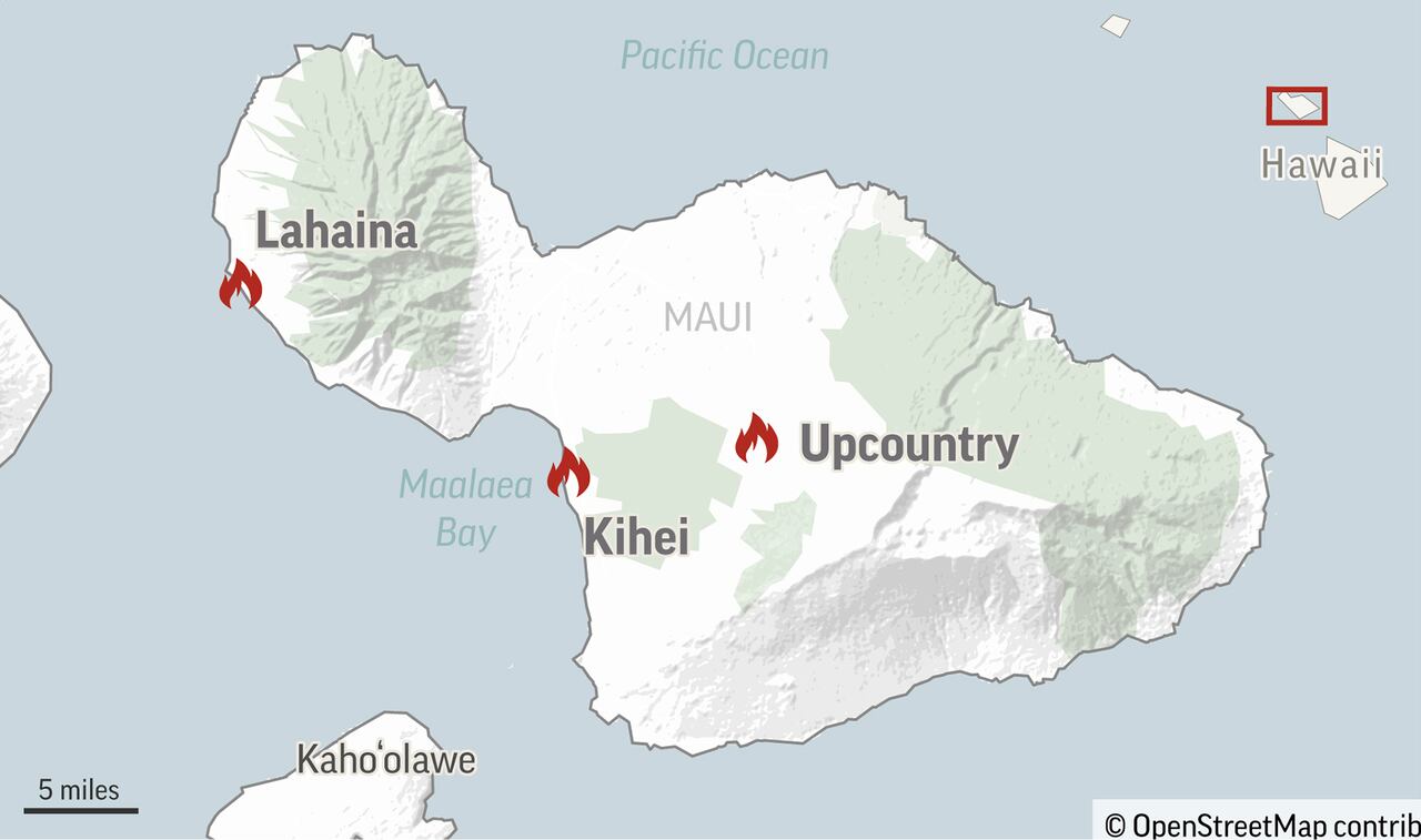 Este gráfico muestra la ubicación de los incendios en la isla de Maui, Hawái, el jueves 10 de agosto de 2023. Varios miles de residentes de Hawái corrieron para escapar de sus hogares en Maui mientras el incendio de Lahaina arrasaba la isla, matando a varias personas y quemando partes de un pueblo centenario