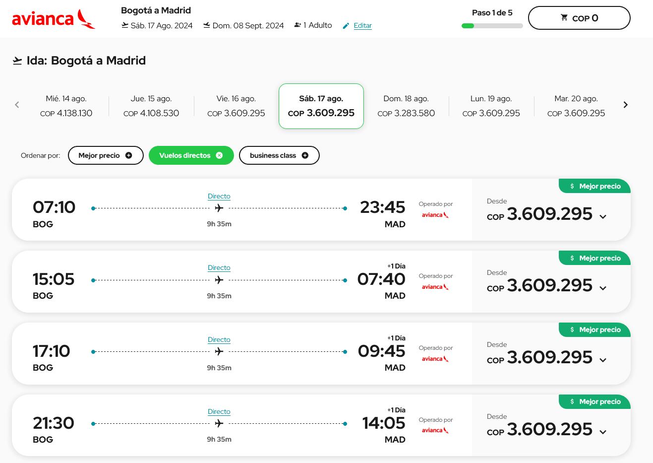 De Bogotá a Madrid el 17 de agosto de 2024