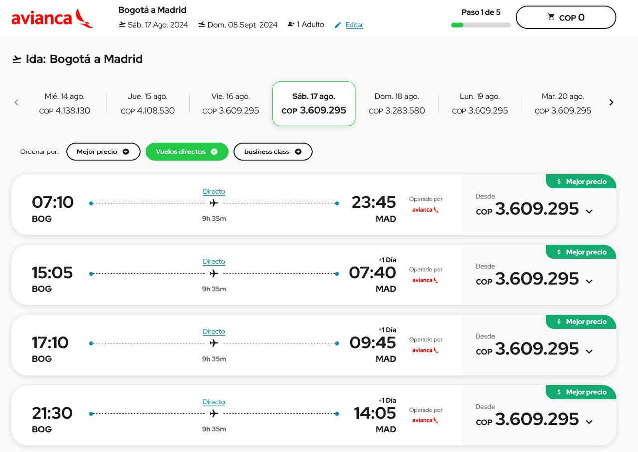 De Bogotá a Madrid el 17 de agosto de 2024